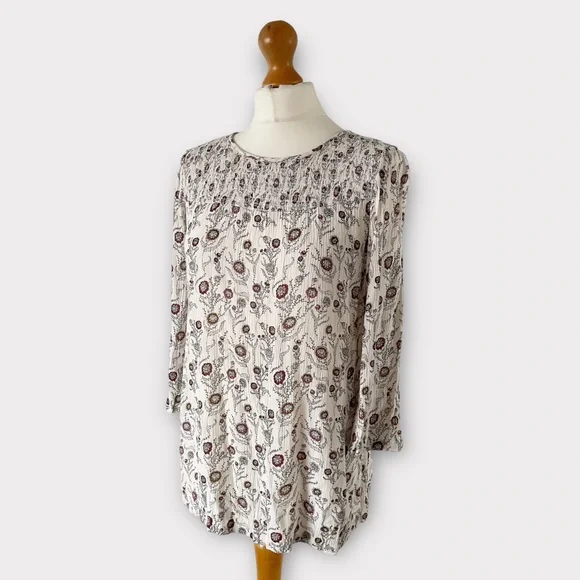 Fat Face Blouse Top UK 10 Ivory Natural Multi Floral Print Button Back Boho - Picture 5 of 12